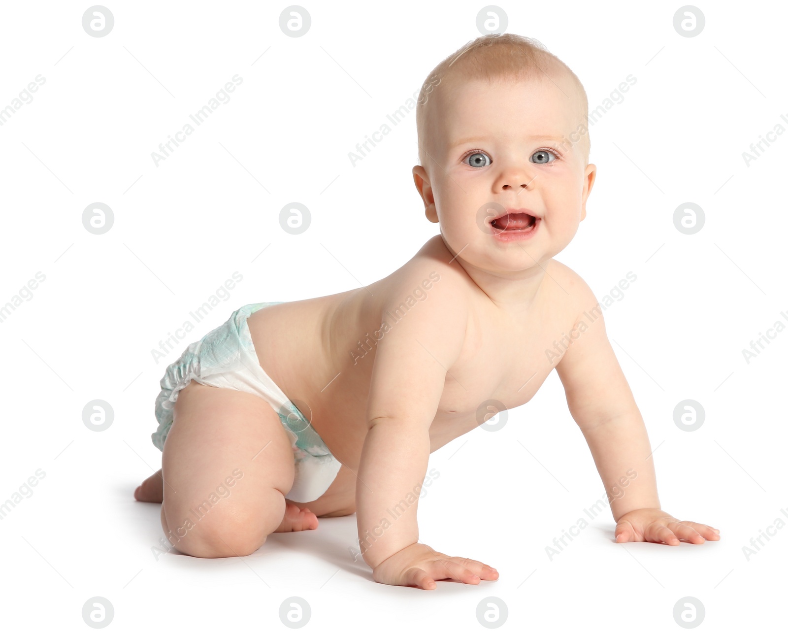 Photo of Cute little baby crawling on white background