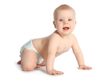 Cute little baby crawling on white background