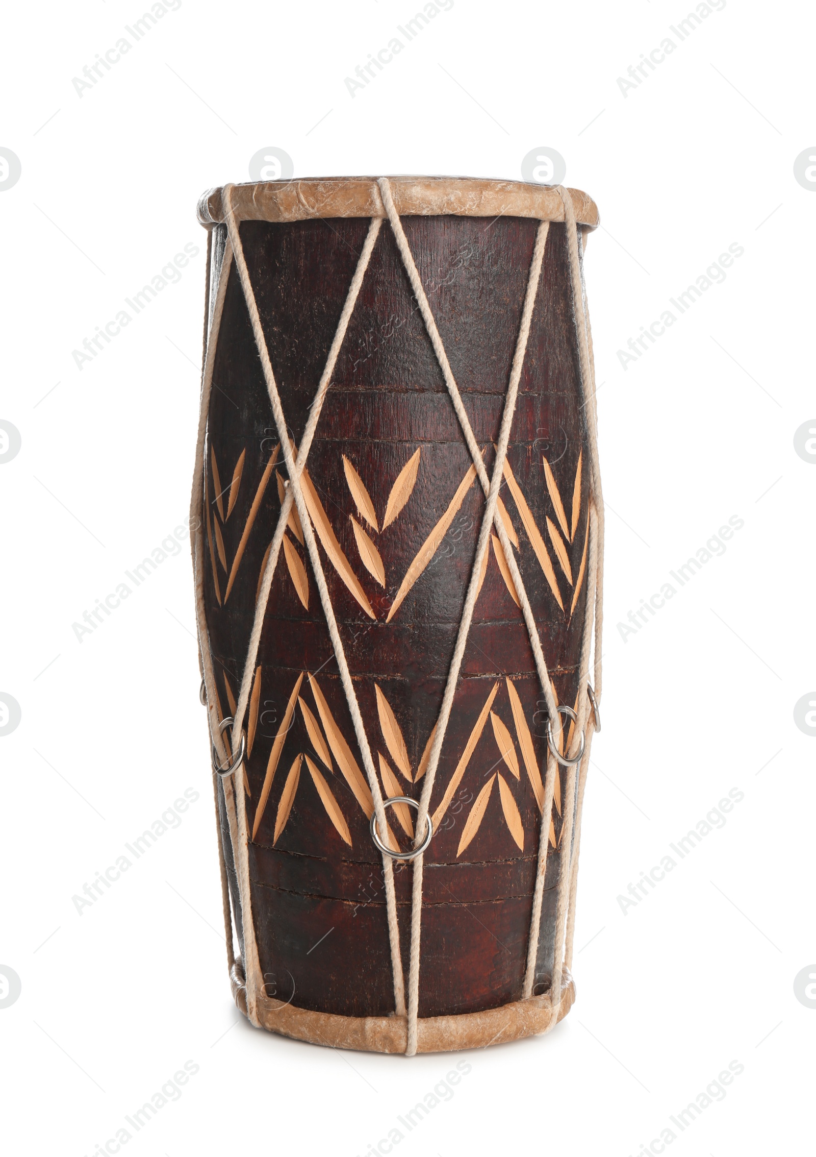 Photo of Vintage hand drum isolated on white. Percussion musical instrument