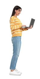 Photo of Happy woman using laptop on white background