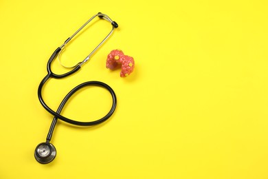 Photo of Endocrinology. Stethoscope and model of thyroid gland on yellow background, top view. Space for text