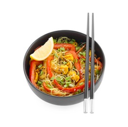 Photo of Stir-fry. Delicious cooked noodles with chicken and vegetables in bowl isolated on white, top view