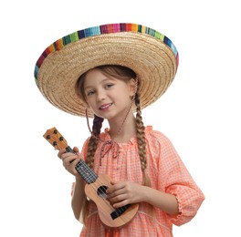 Cute girl in Mexican sombrero hat playing ukulele on white background