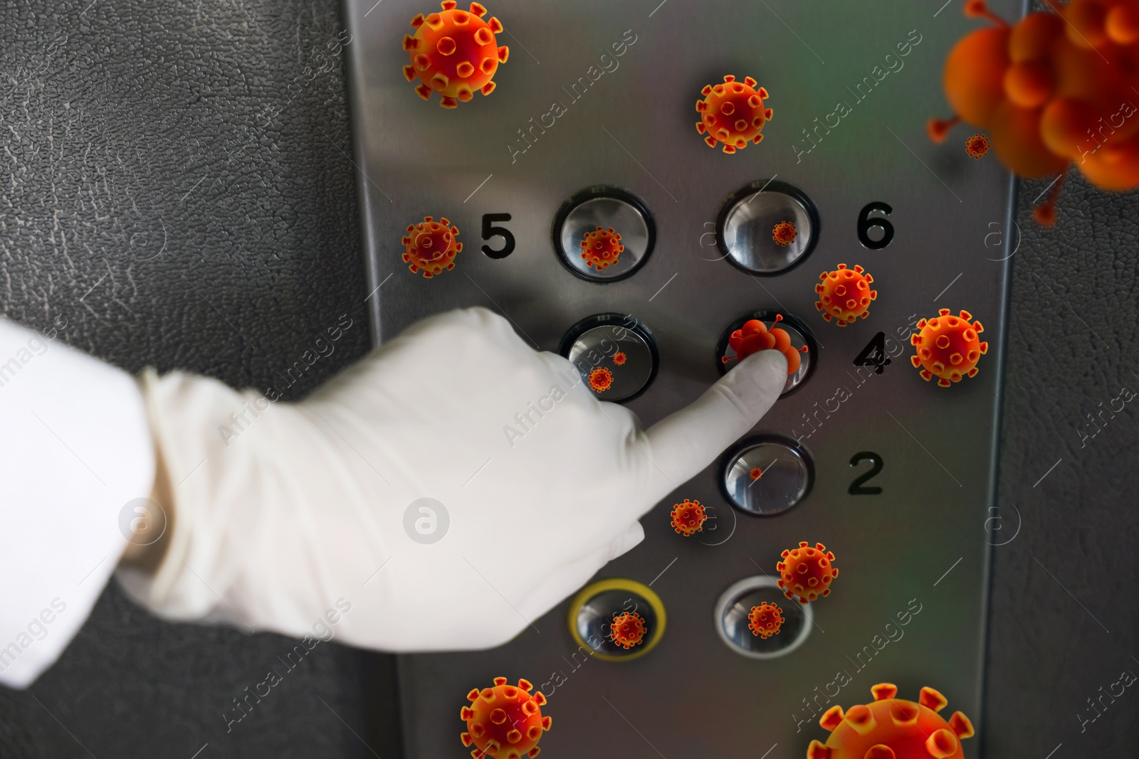 Image of Woman in glove press button in elevator with germs, closeup