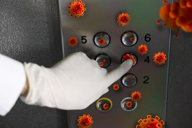 Image of Woman in glove press button in elevator with germs, closeup