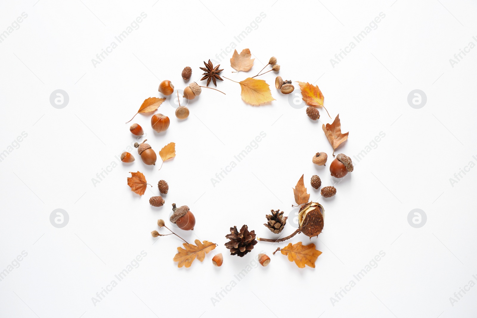 Photo of Frame made of autumn leaves on white background, top view. Space for text