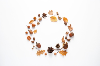 Frame made of autumn leaves on white background, top view. Space for text