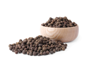 Spicy black pepper grains isolated on white