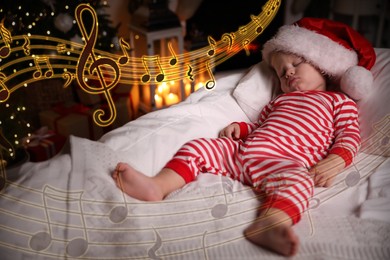 Image of Lullaby songs. Cute little baby in Santa hat sleeping at home. Illustration of flying music notes over child