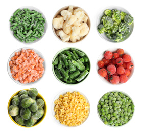 Set of different frozen vegetables on white background, top view