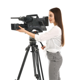 Photo of Operator with professional video camera on white background