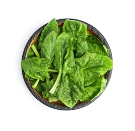 Photo of Bowl of fresh spinach leaves isolated on white, top view