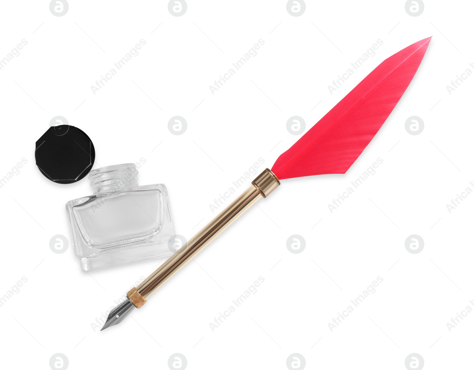 Photo of Feather pen and empty inkwell on white background, top view