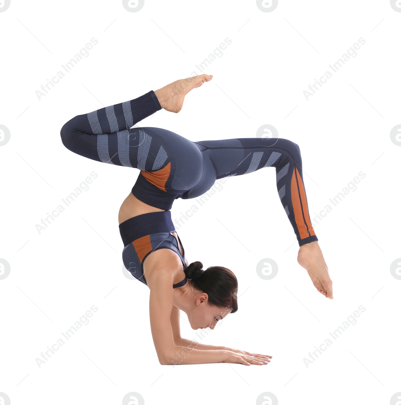 Photo of Professional young acrobat exercising on white background