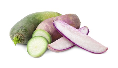 Photo of Purple and green daikon radishes isolated on white