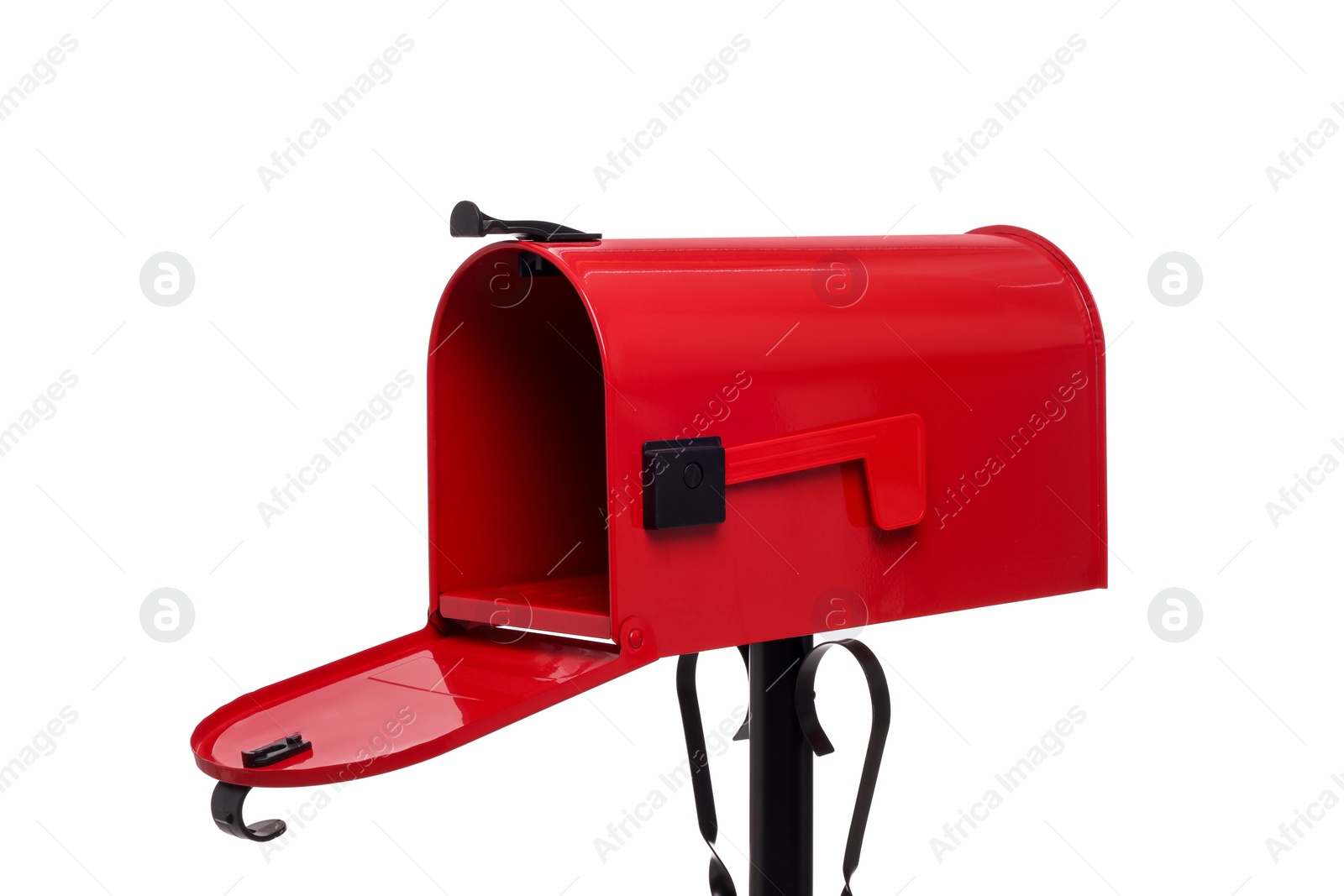 Photo of One open red mailbox isolated on white