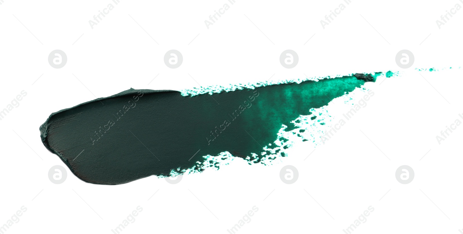 Photo of Dark green oil paint stroke on white background, top view