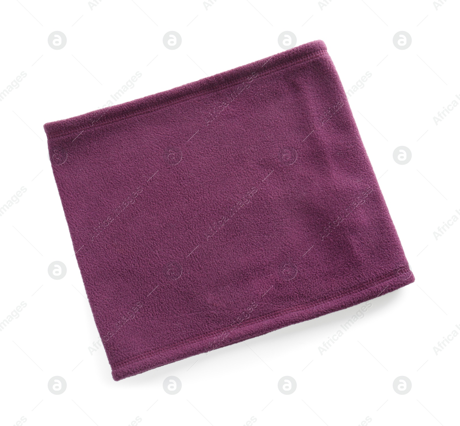 Photo of Soft purple neckwarmer isolated on white, top view. Winter sports clothes