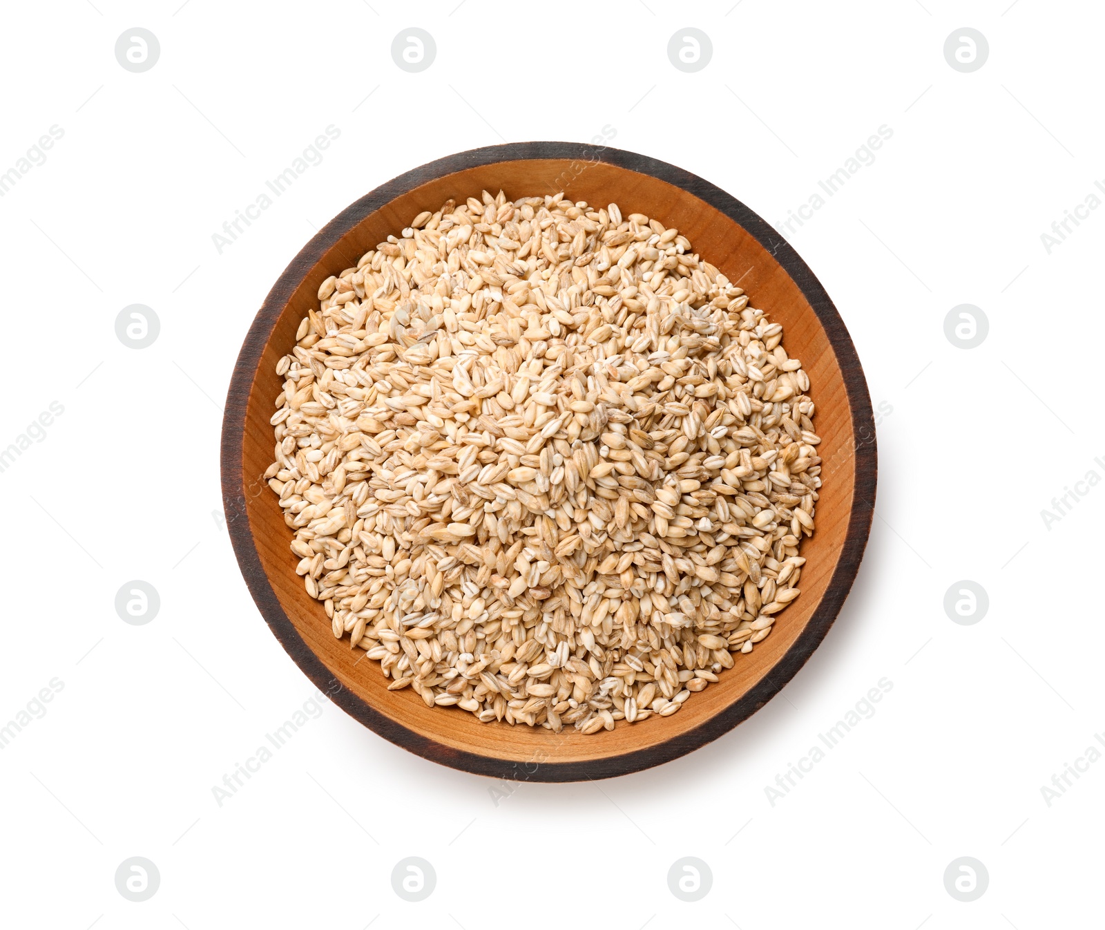 Photo of Dry pearl barley in bowl isolated on white, top view