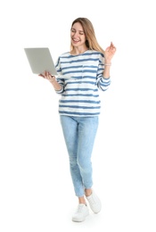 Photo of Full length portrait of young woman in casual outfit with laptop on white background