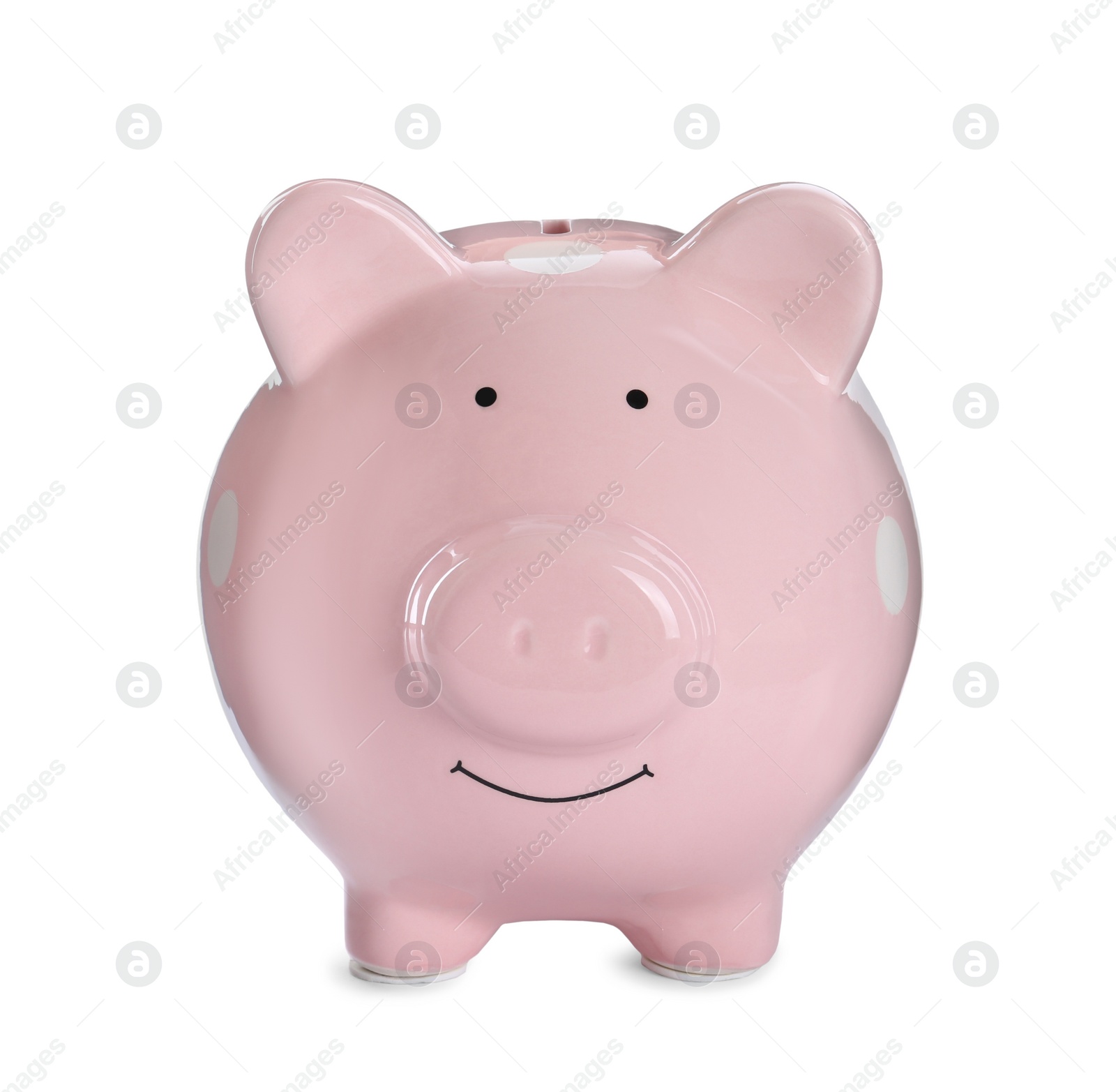 Photo of Pink piggy bank on white background. Money saving