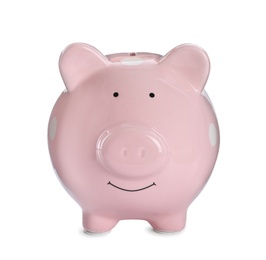 Photo of Pink piggy bank on white background. Money saving