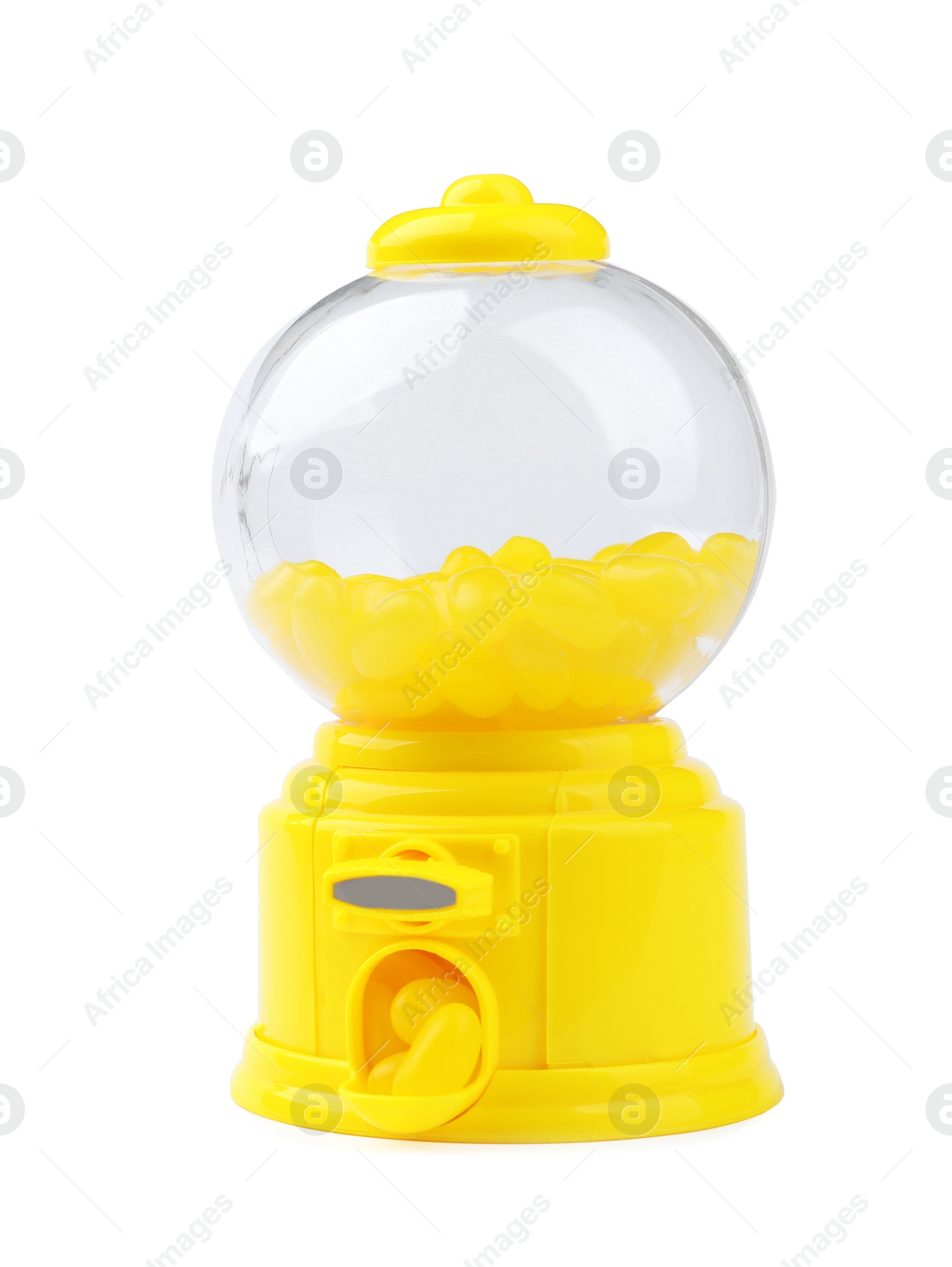 Photo of Small candy machine with lemon jelly beans isolated on white