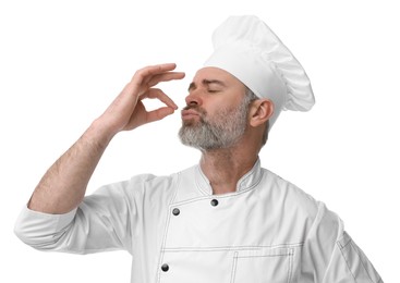 Photo of Chef in uniform showing perfect sign on white background