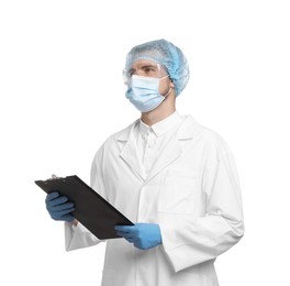 Photo of Quality control. Food inspector with clipboard on white background