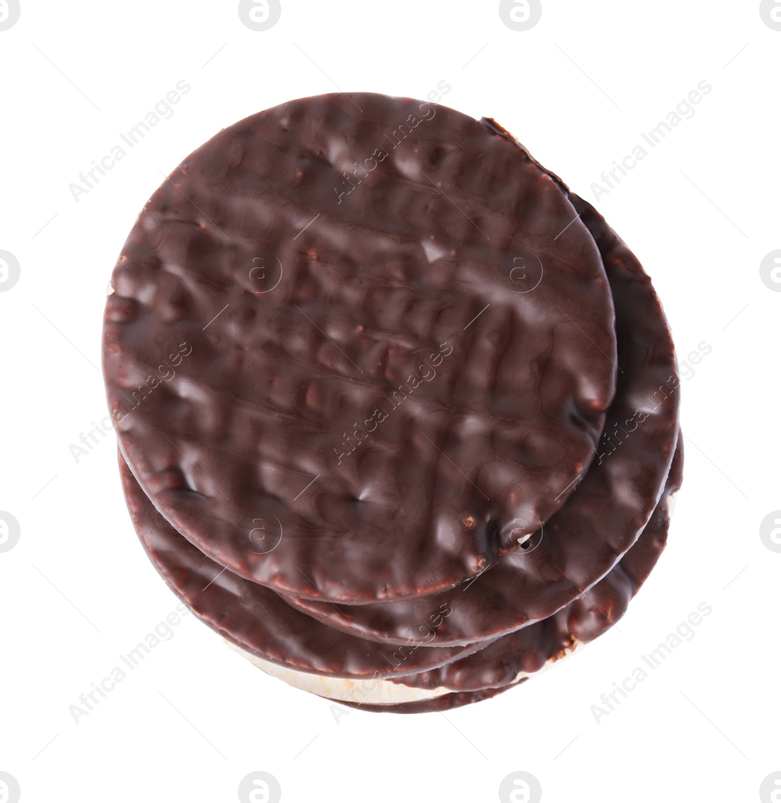 Photo of Puffed rice cakes with chocolate spread isolated on white, top view