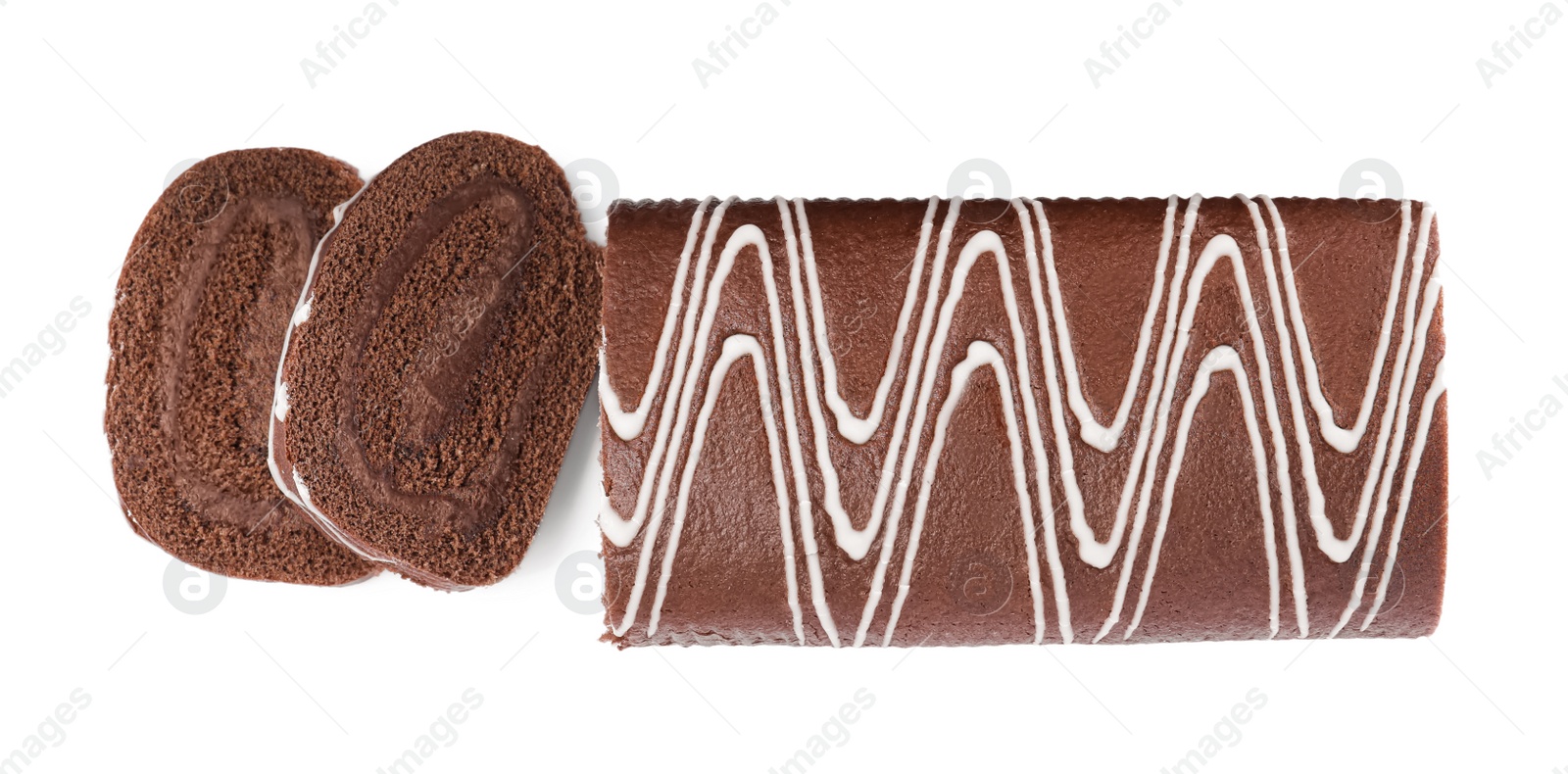 Photo of Tasty chocolate cake roll with cream on white background, top view