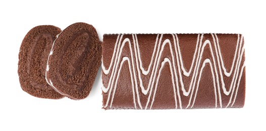 Tasty chocolate cake roll with cream on white background, top view