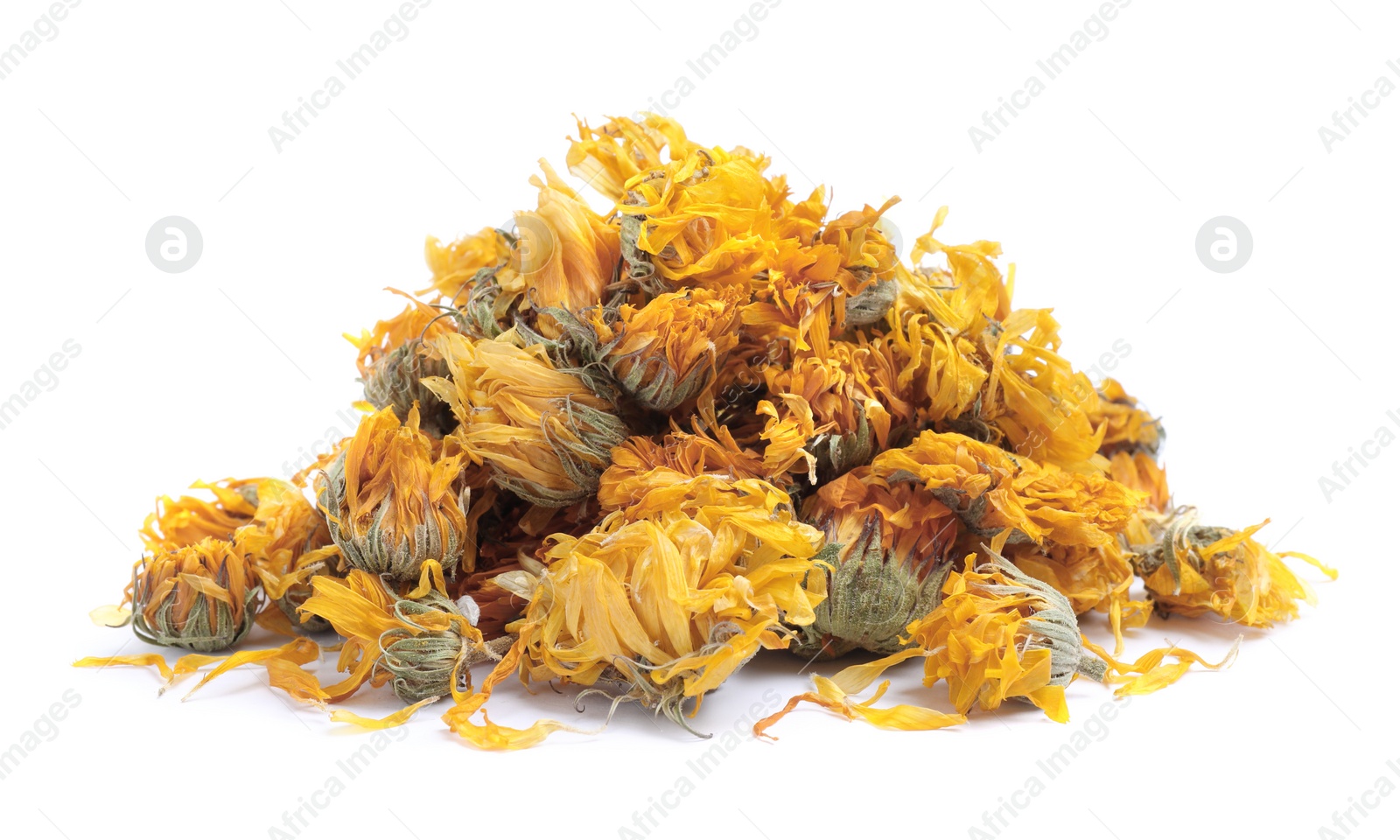 Photo of Pile of dry calendula flowers on white background