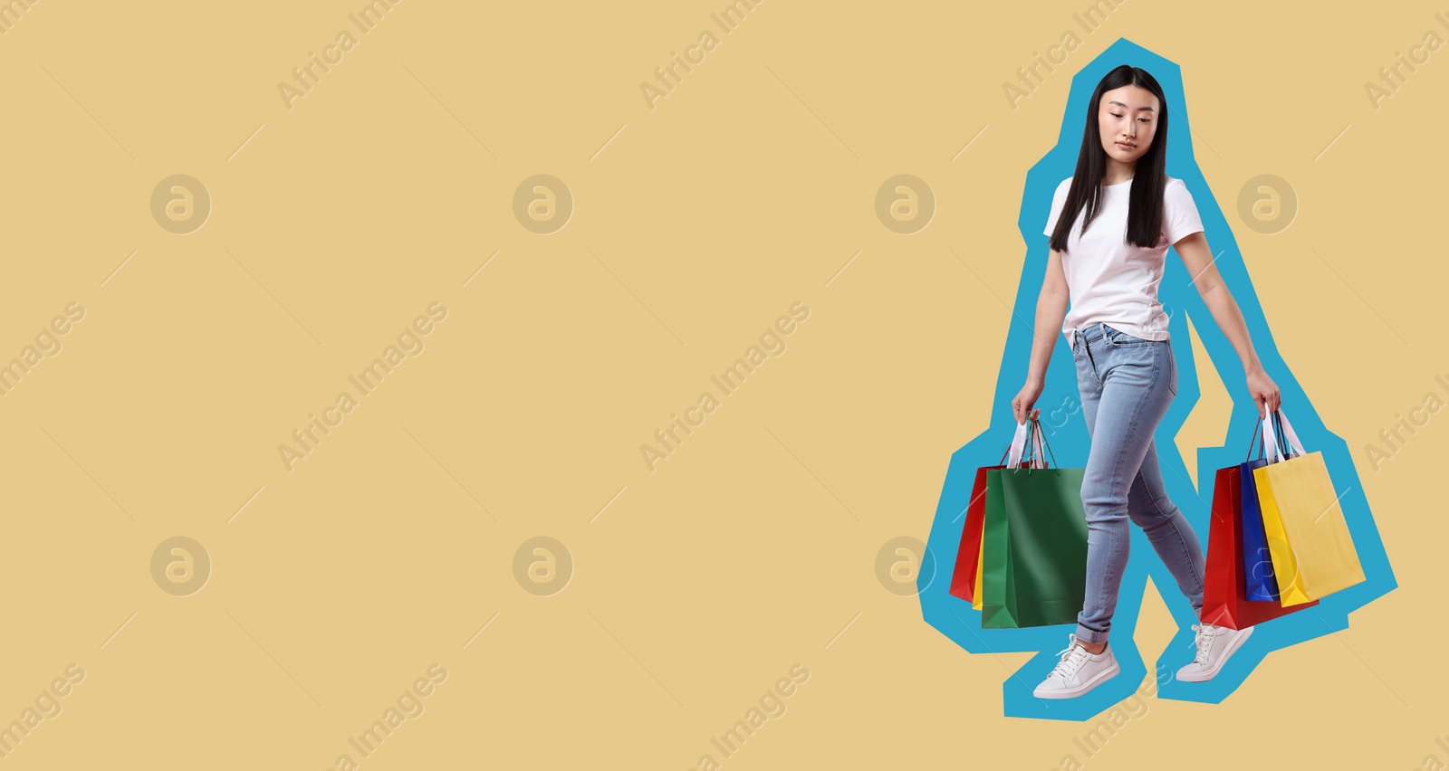 Image of Woman with shopping bags on pale yellow background, space for text. Banner design