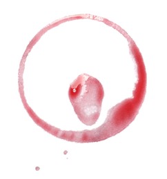 Photo of Red wine ring with drops on white background, top view