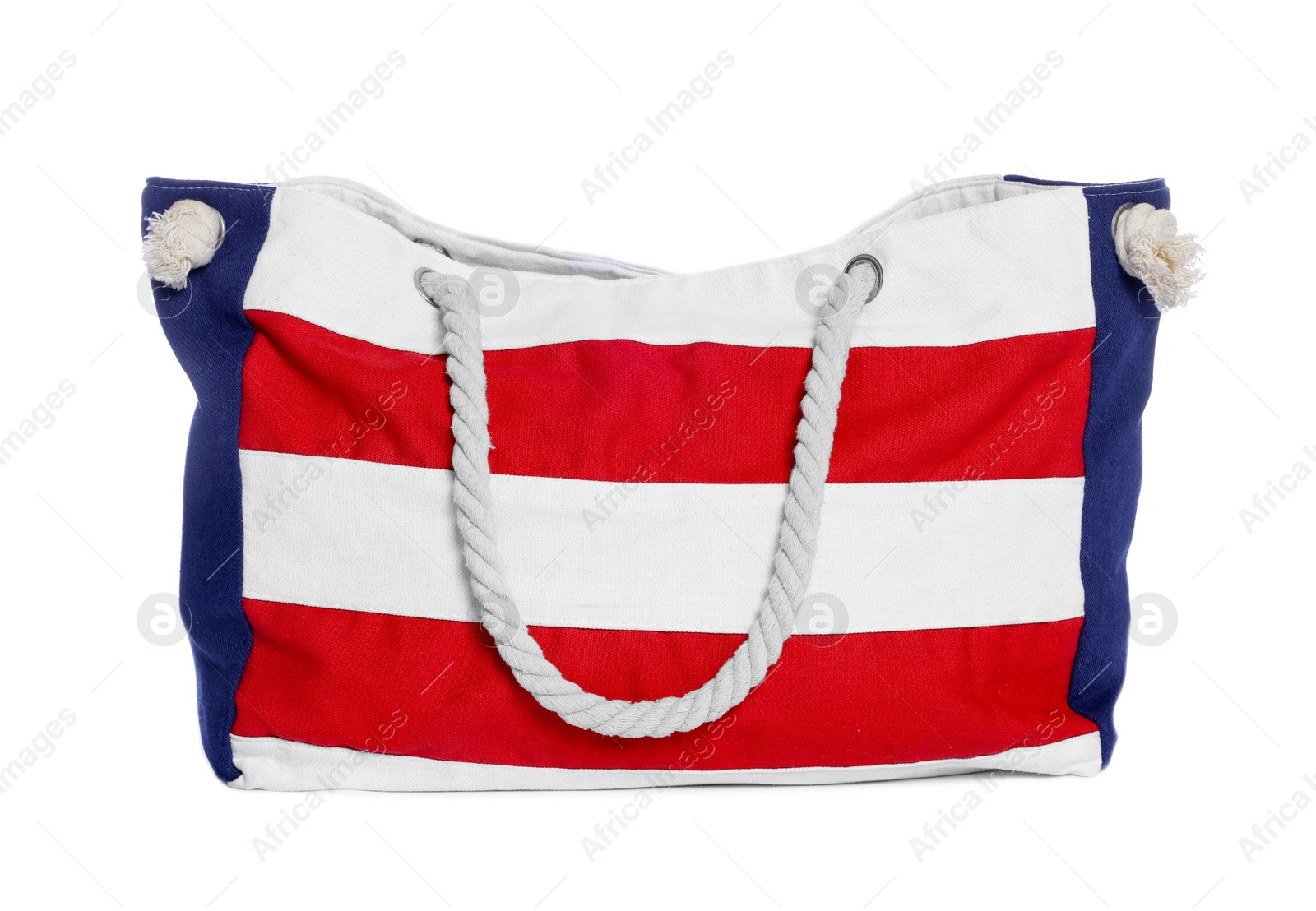 Photo of Stylish striped beach bag isolated on white