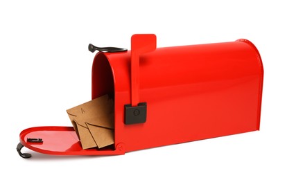 Photo of Red letter box with envelopes on white background