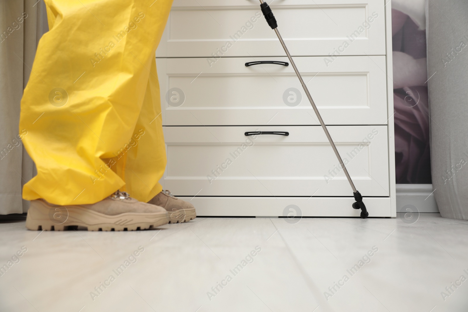 Photo of Pest control worker spraying pesticide around furniture indoors, closeup