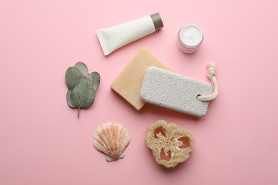 Photo of Flat lay composition with pumice stone on pink background