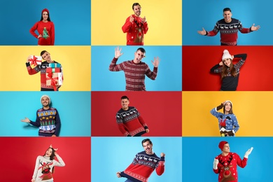 Image of Collage with photos of women and men in different Christmas sweaters on color backgrounds