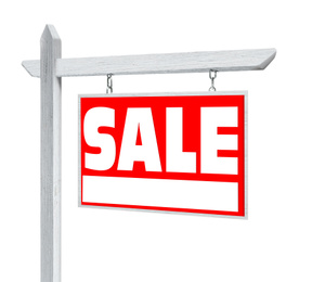 Image of Real estate sign with phrase FOR SALE on white background