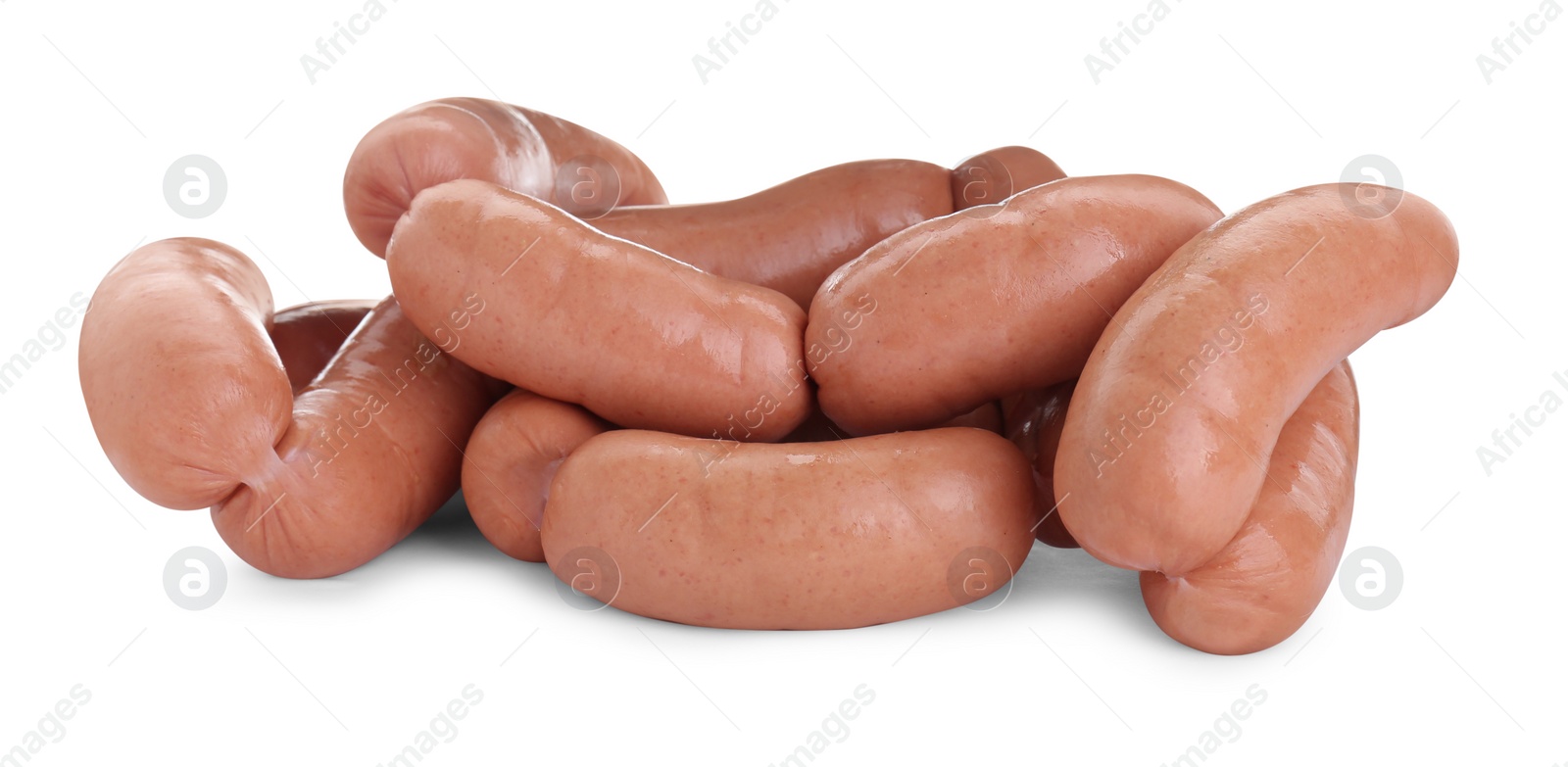 Photo of Tasty sausages isolated on white. Meat product