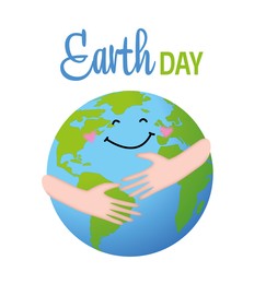 Illustration of Happy Earth day. Human hugging cheerful planet on white background, illustration