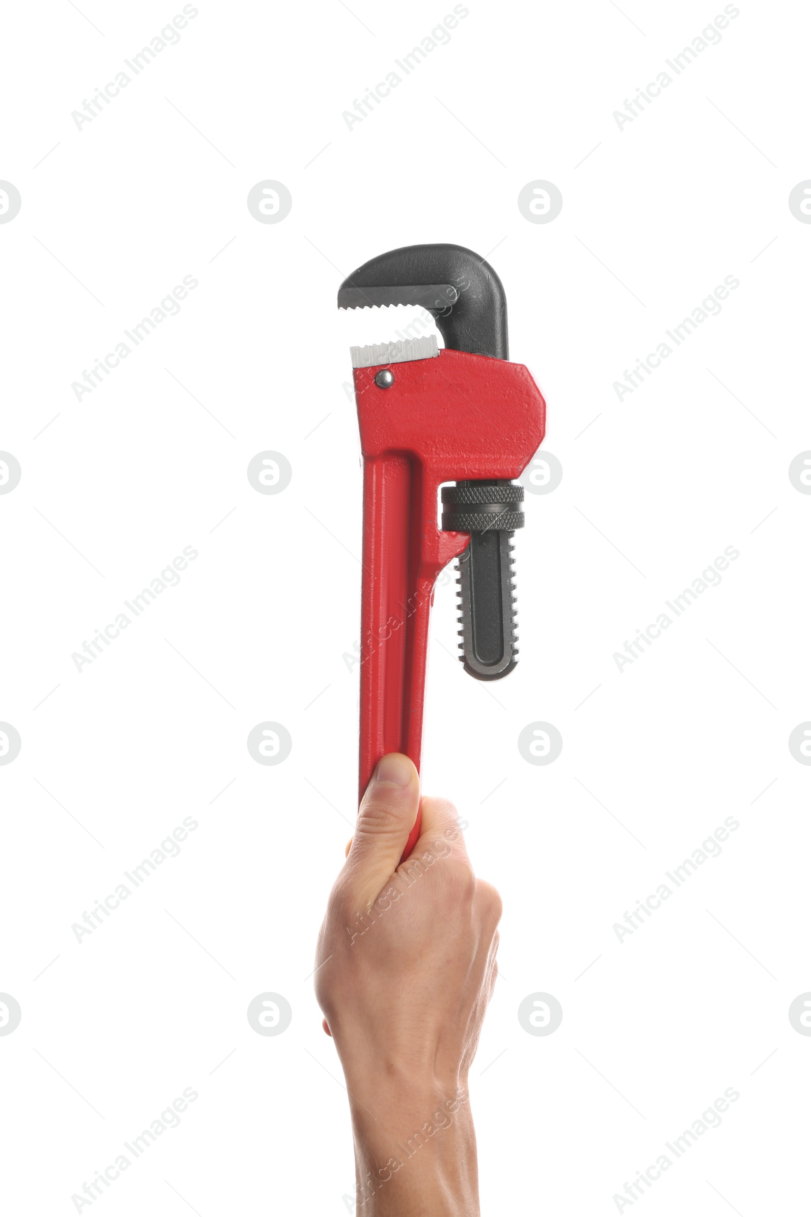 Photo of Male plumber holding adjustable wrench on white background, closeup