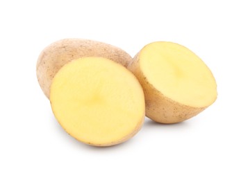 Photo of Whole and cut fresh potatoes on white background