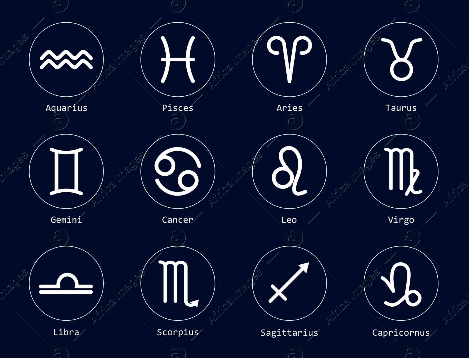 Image of Set with 12 zodiac signs on dark blue background, illustration