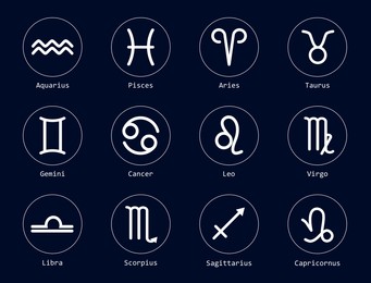 Image of Set with 12 zodiac signs on dark blue background, illustration