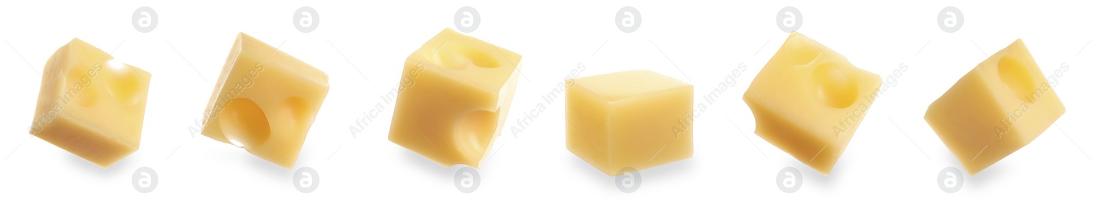 Image of Set of delicious cheese cubes on white background. Banner design