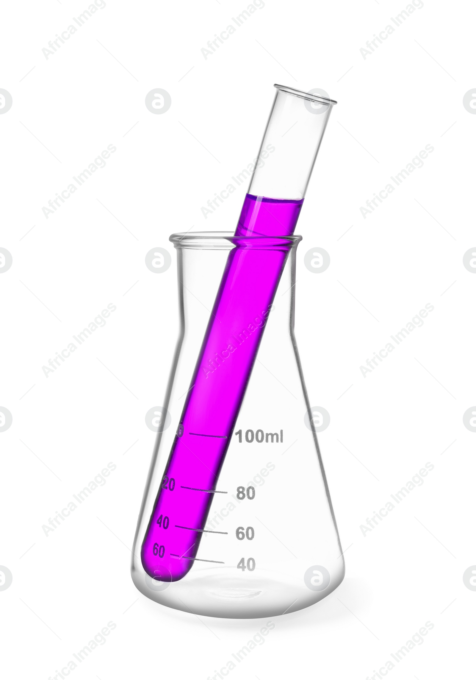 Image of Glass flask and test tube with color liquid isolated on white