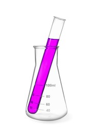 Image of Glass flask and test tube with color liquid isolated on white